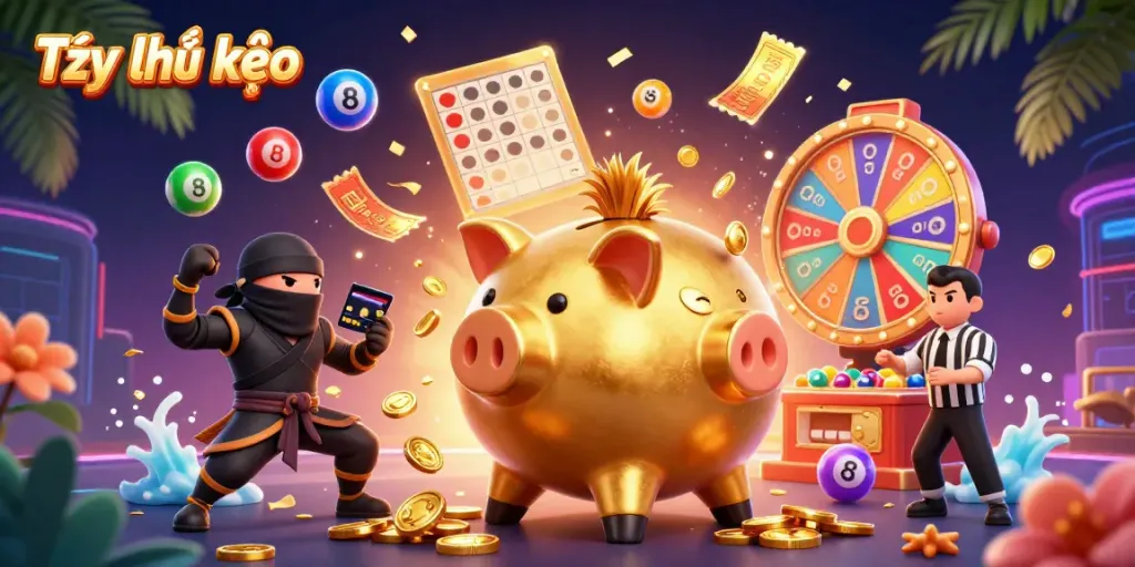 Tỷ lệ kèo featured illustration showing vibrant gambling elements with a golden piggy bank and dynamic characters.