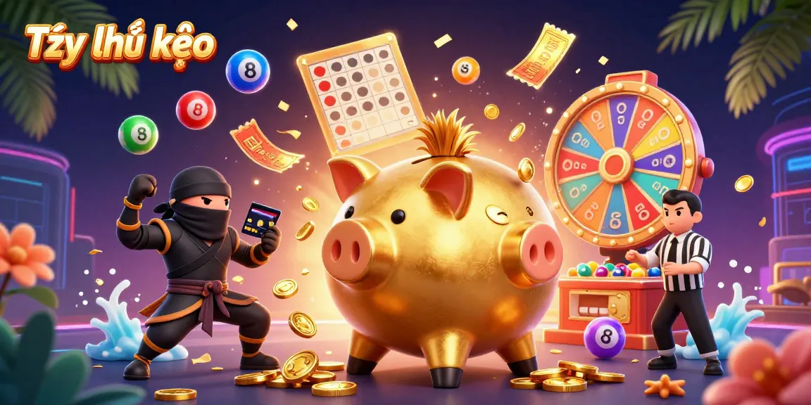 Tỷ lệ kèo featured illustration showing vibrant gambling elements with a golden piggy bank and dynamic characters.