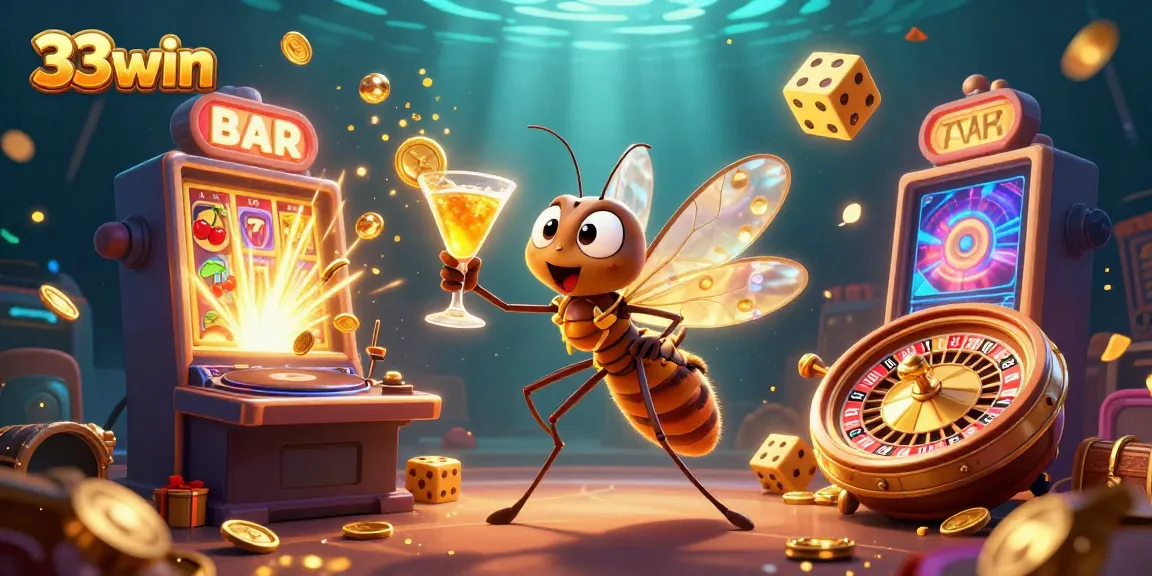 Experience 33win's casino excitement with a unique 3D illustration featuring vibrant gaming elements.