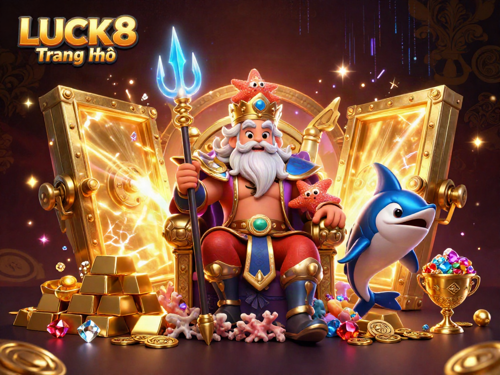Experience the vibrant world of LUCK8 Trang Chủ with a dynamic 3D scene featuring Neptune and treasures.