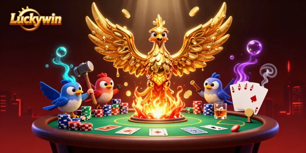 Action-packed scene of the Luckywin casino with a phoenix and poker elements immersed in gold and excitement.