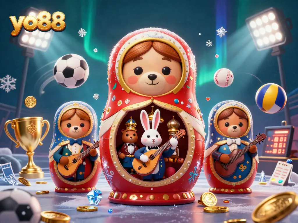 Engaging yo88 scene with Matryoshka bear, sports elements, and vibrant casino energy