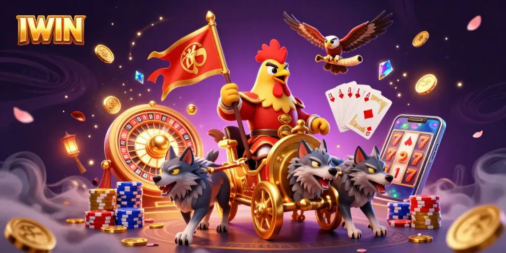 IWIN reveals a vibrant 3D casino scene featuring a rooster warlord amidst gaming elements and golden treasures.