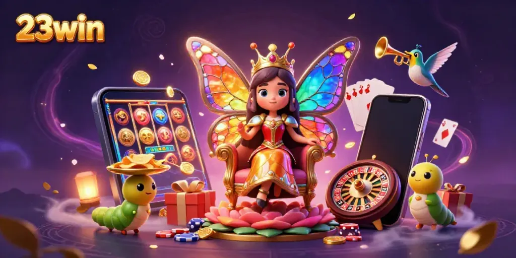 Experience thrilling slots and games with 23win's enchanting butterfly queen in a vibrant casino scene.