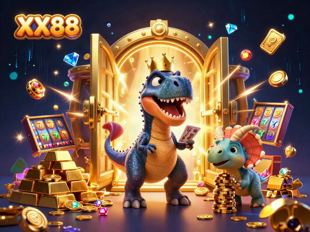 Experience thrilling XX88 casino games with a cartoon T-Rex card dealer and gold treasures.