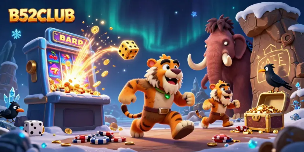 B52CLUB delivers thrilling gaming experiences with a lively caveman casino scene and jackpot celebration.