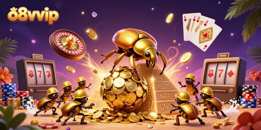 Engage in the excitement of o8vvip with a dynamic scene of golden beetles, casino symbols, and a vibrant atmosphere.