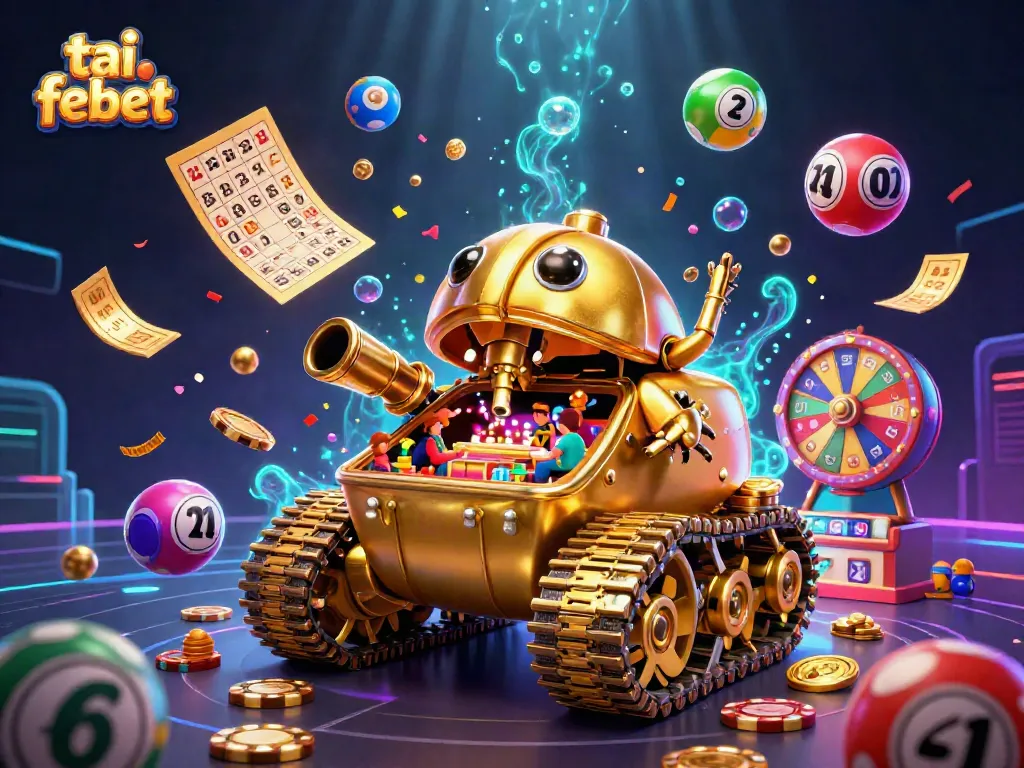 Experience the excitement of tai febet with a vibrant 3D illustration of a golden beetle tank casino amidst dazzling gaming elements.