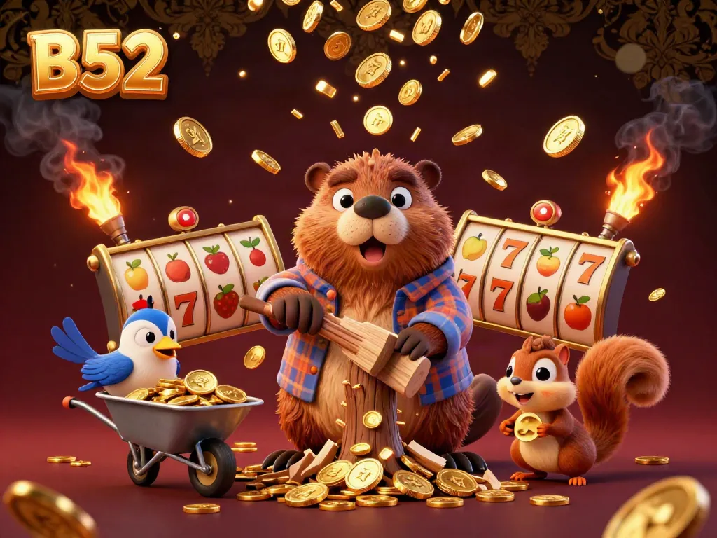 Spin the B52 slots with golden coins pouring from a beaver's chop in a vibrant casino scene.