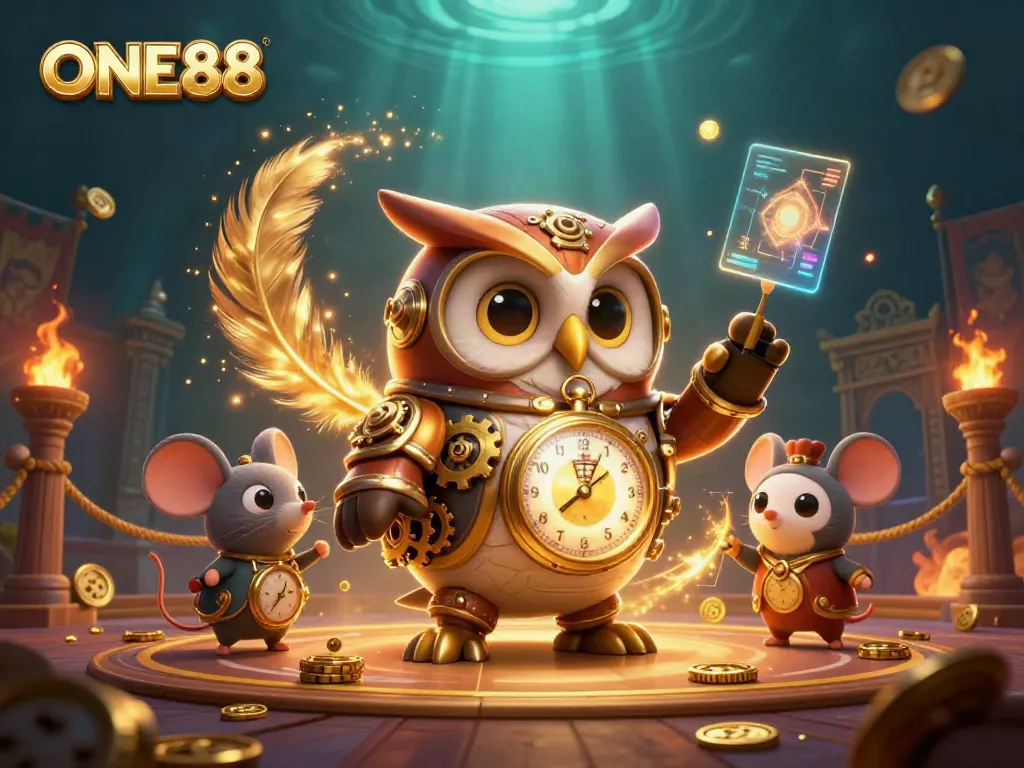 Join the action at ONE88 casino with a dynamic steampunk-themed scene featuring a time-traveler owl.