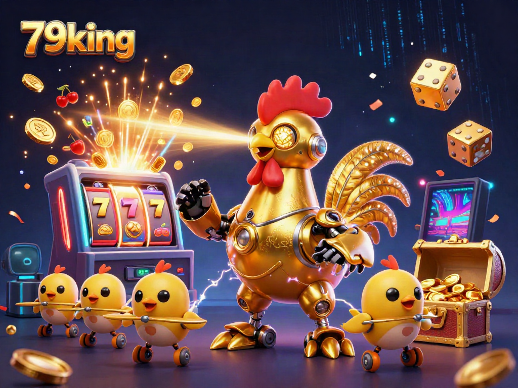 Engage in the thrilling casino world of 79king with a dynamic, 3D illustration of a futuristic golden rooster robot.