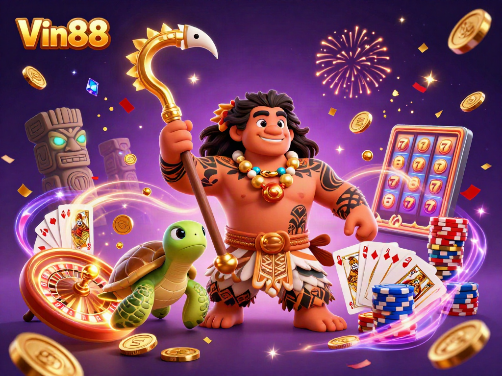 Experience exciting games at Vin88 with vibrant casino elements in a colorful illustration.