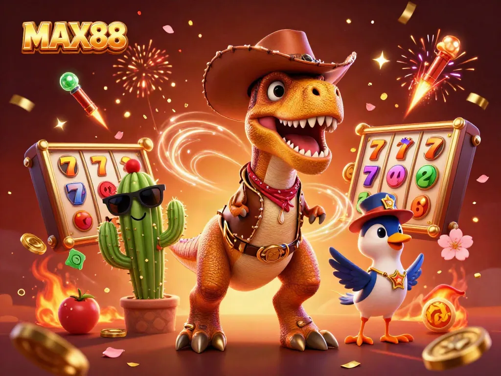 Experience the thrill with MAX88 in this vibrant illustration featuring a T-Rex, cactus, and roadrunner among slot game elements.