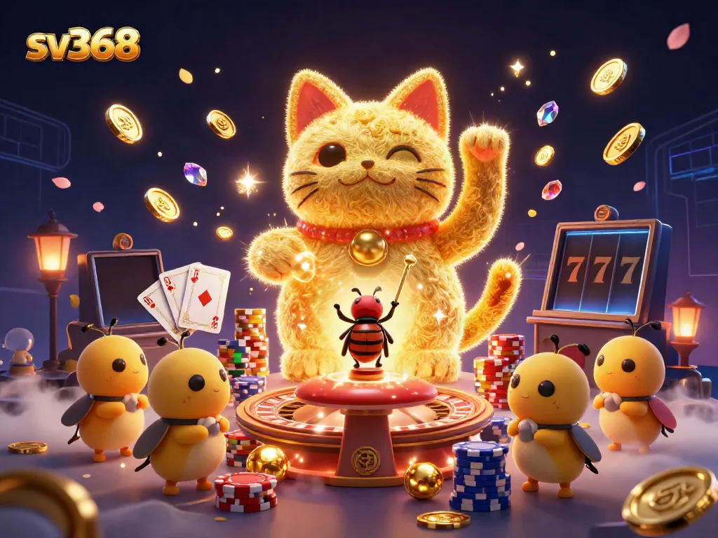 Engage with sv368's vibrant 3D casino scene featuring a lucky cat and dynamic gaming elements.