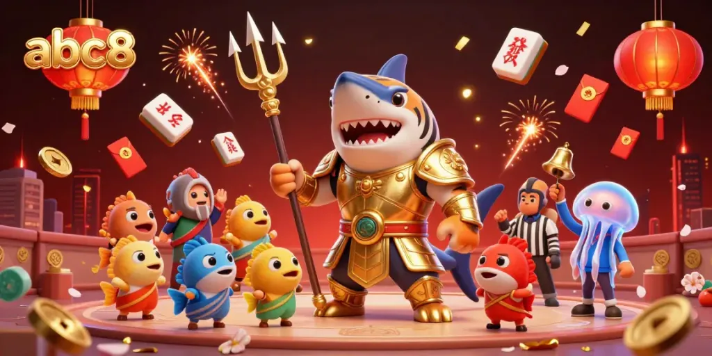 Experience thrilling underwater gambling action with abc8 in this vibrant, cartoon-style illustration.