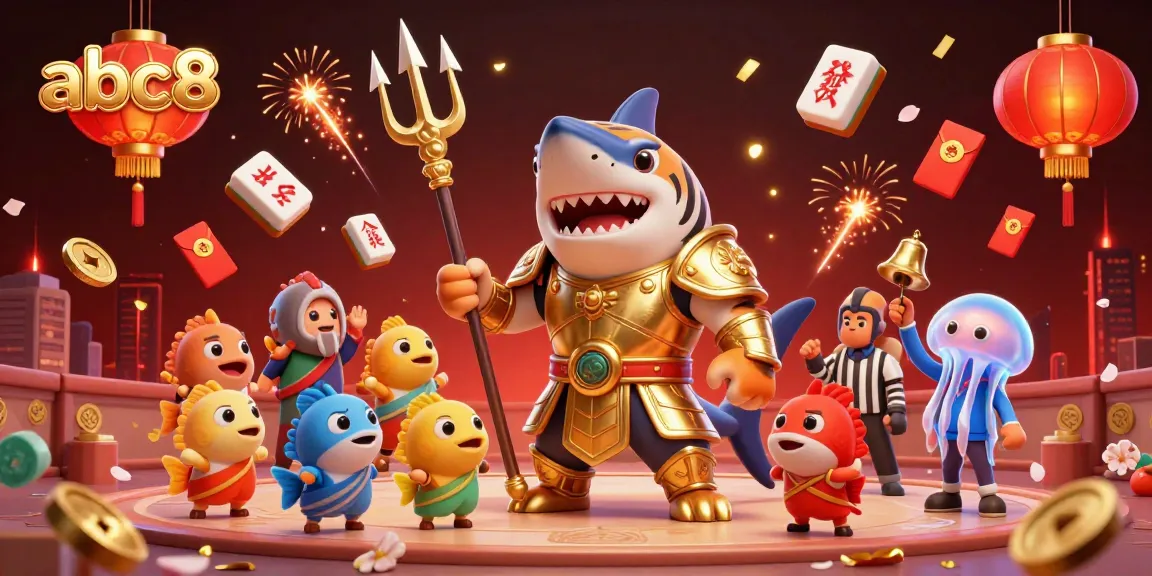 Experience thrilling underwater gambling action with abc8 in this vibrant, cartoon-style illustration.