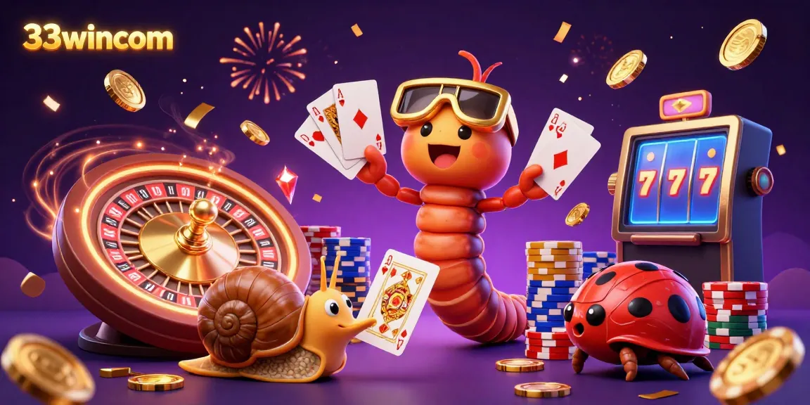 Engage with 33wincom at a lively casino scene featuring a whimsical dealer and a high-roller snail.