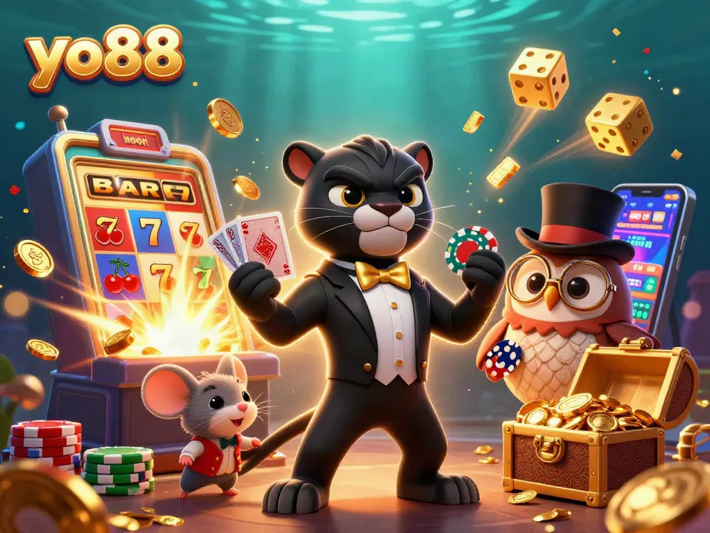Experience excitement with yo88 in a vibrant 3D casino scene featuring games and characters.