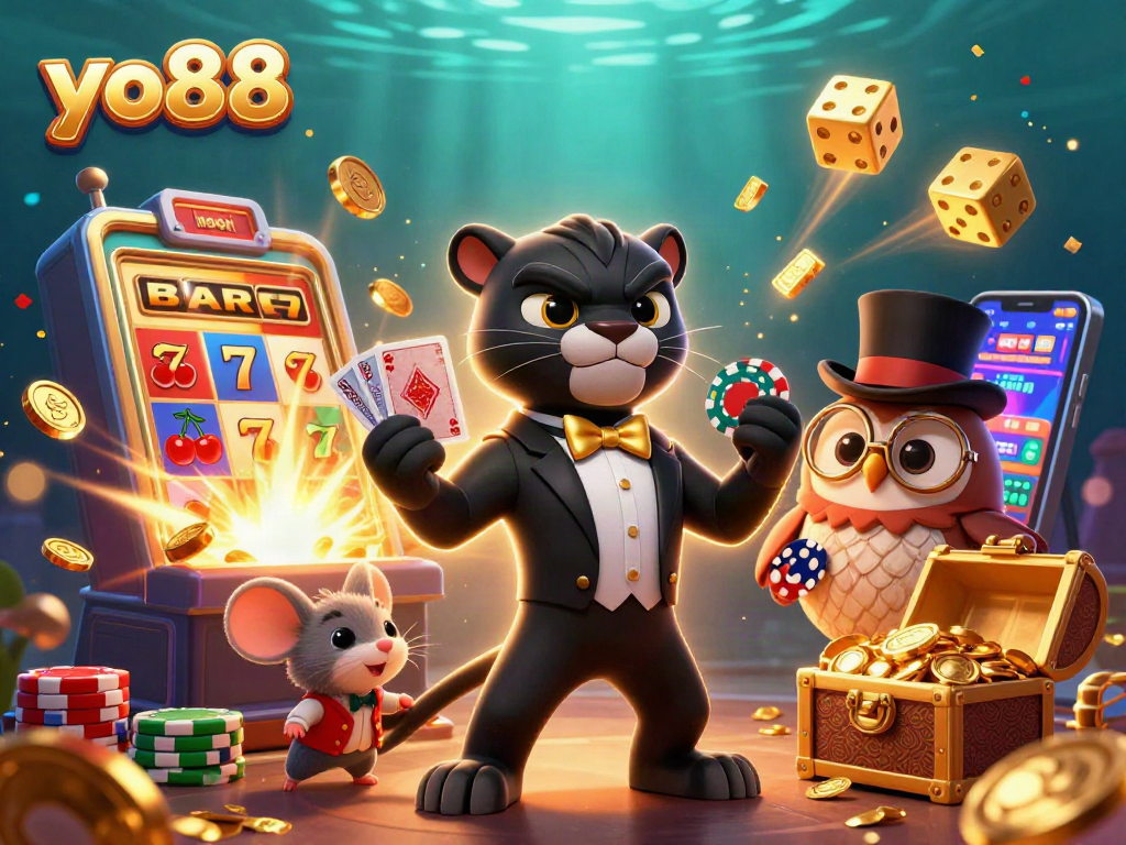 Experience excitement with yo88 in a vibrant 3D casino scene featuring games and characters.