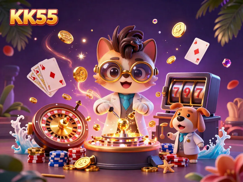 Engage with KK55 at a vibrant online casino, featuring dynamic gaming action and vibrant elements.