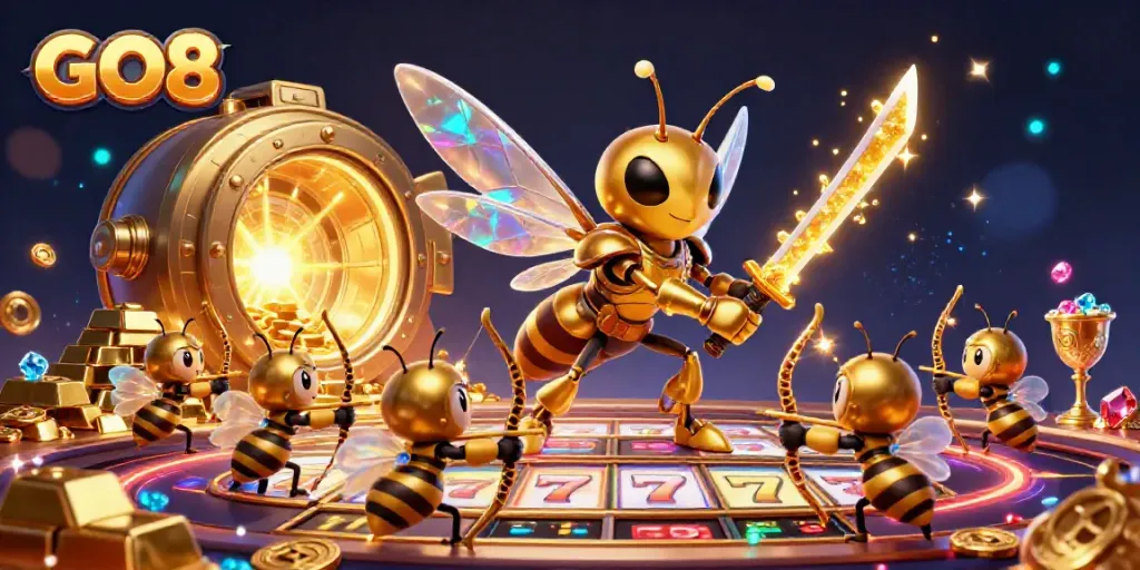 Experience the thrill of GO8 with a vibrant casino scene featuring a golden hornet samurai.