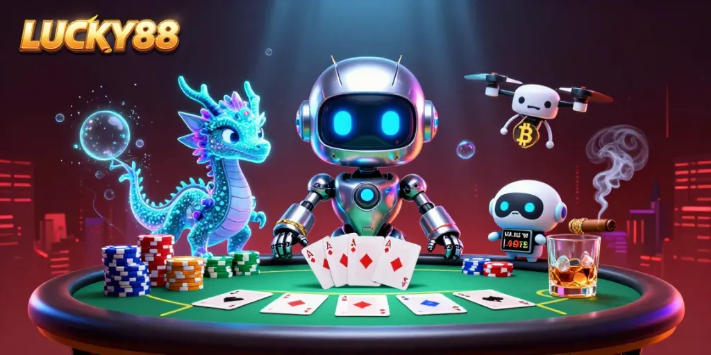 Experience thrilling gaming adventures with LUCKY88's vibrant casino illustration, showcasing poker excitement.