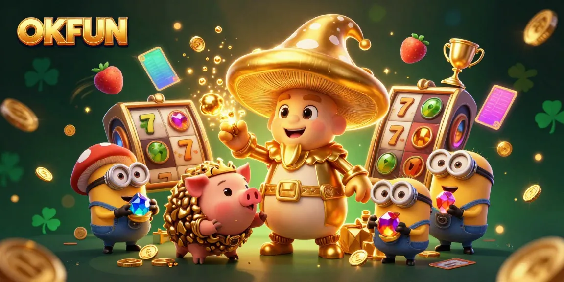 Experience winning magic at OKFUN with a whimsical 3D slot-themed illustration featuring dynamic characters.