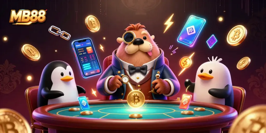 Enjoy exciting games at MB88, where a walrus plays poker underwater surrounded by crypto coins.
