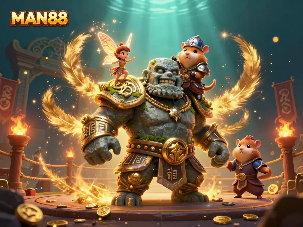 Win big at MAN88 with an enchanting 3D scene featuring a golem guardian and magical companions amidst a vibrant casino backdrop.