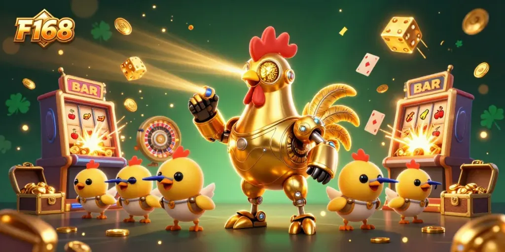 Engage in thrilling gameplay with F168's vibrant casino scene filled with golden jackpots and dynamic characters.