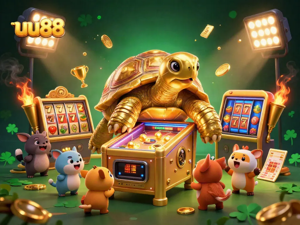 Engage with uu88 in an immersive golden gaming scene featuring a colossal tortoise and vibrant slot elements.