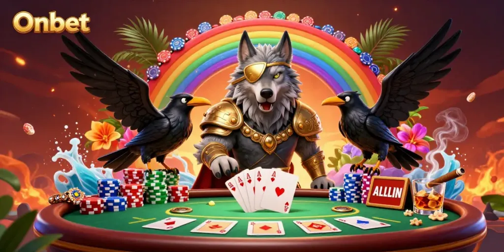 Experience Onbet's vibrant gaming scene with Odin, showcasing poker and casino elements in 3D illustration.