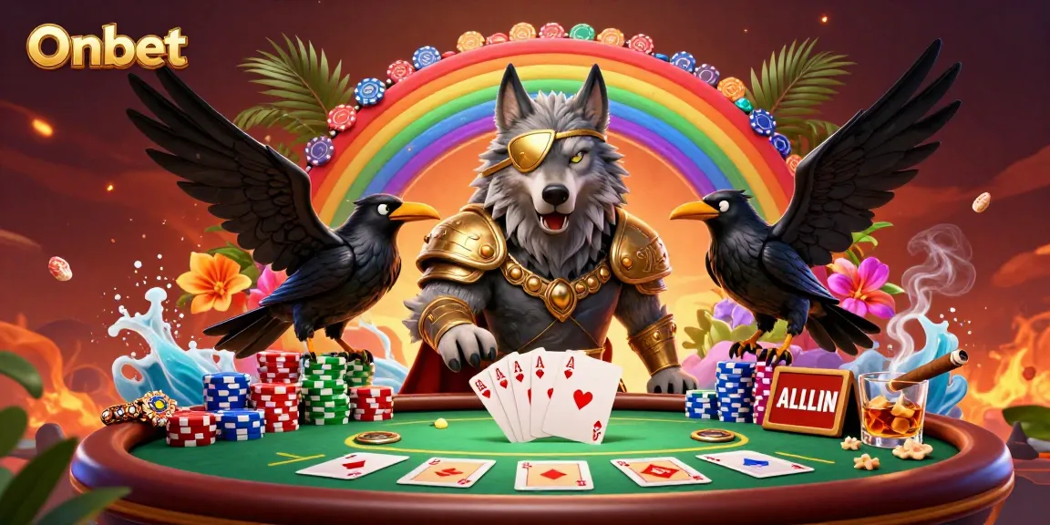 Experience Onbet's vibrant gaming scene with Odin, showcasing poker and casino elements in 3D illustration.