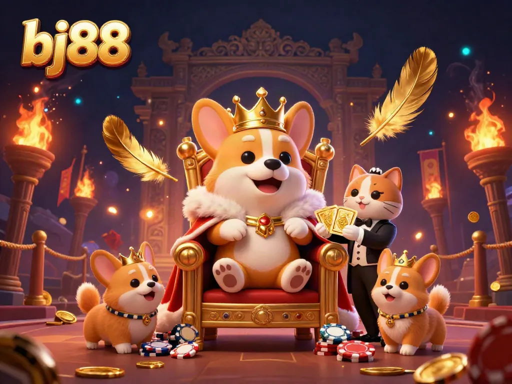 Experience thrilling moments at bj88, where a regal corgi presides over a vibrant casino kingdom.