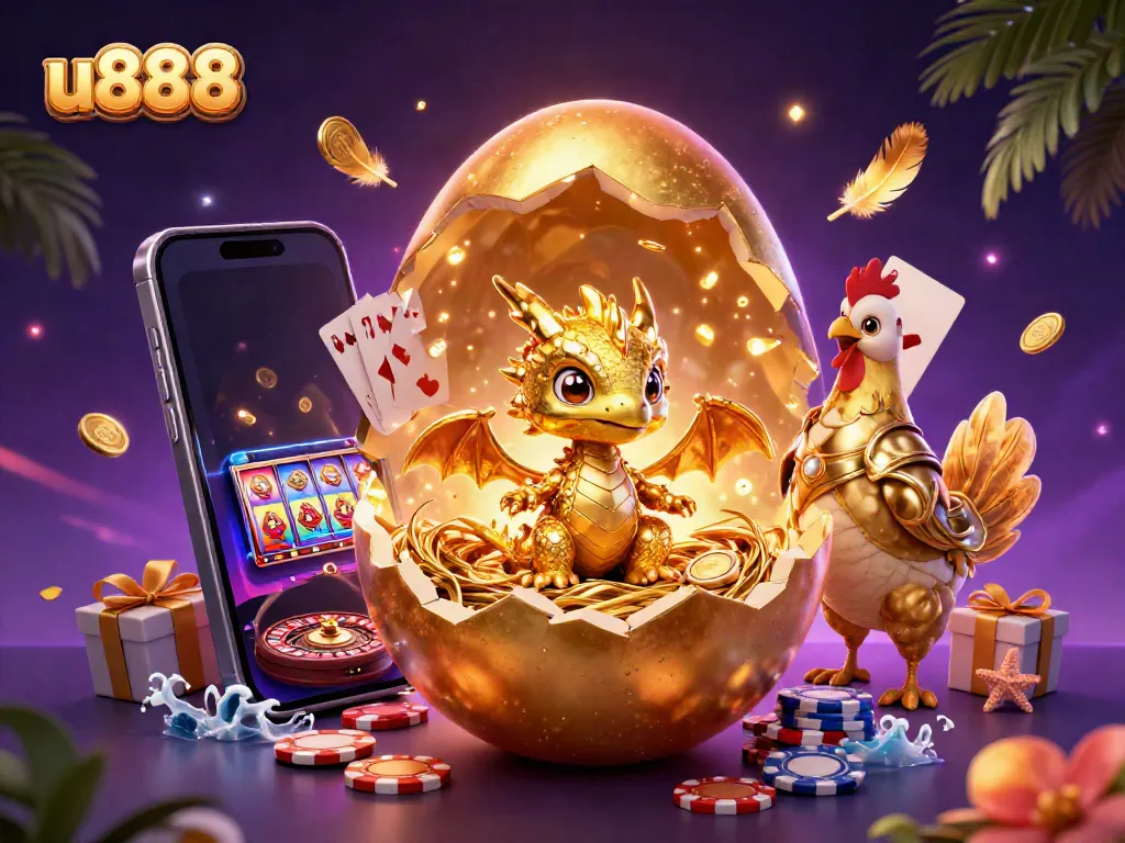 u888 celebrates online gaming with a golden egg and dragon, symbolizing wealth and winning strategies.