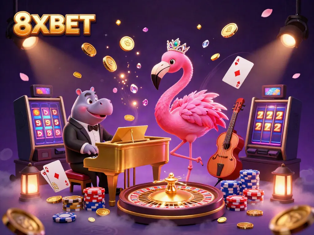 Experience excitement at 8XBET with vibrant characters and casino elements, surrounded by dynamic visuals.