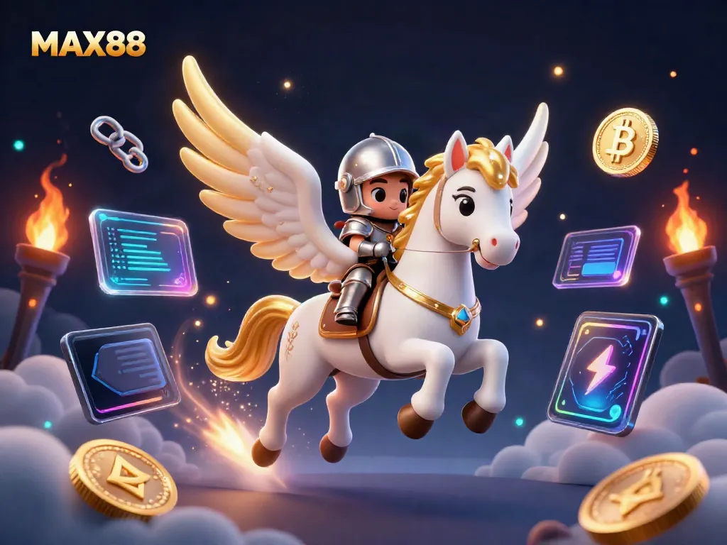 Experience thrilling gameplay at MAX88 with a celestial horse and knight amidst glowing crypto coins.
