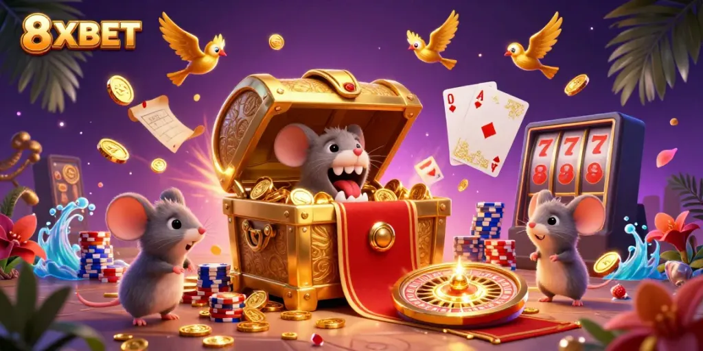 Experience the exhilarating world of 8XBET with golden treasures and thrilling casino elements in a vibrant 3D illustration.