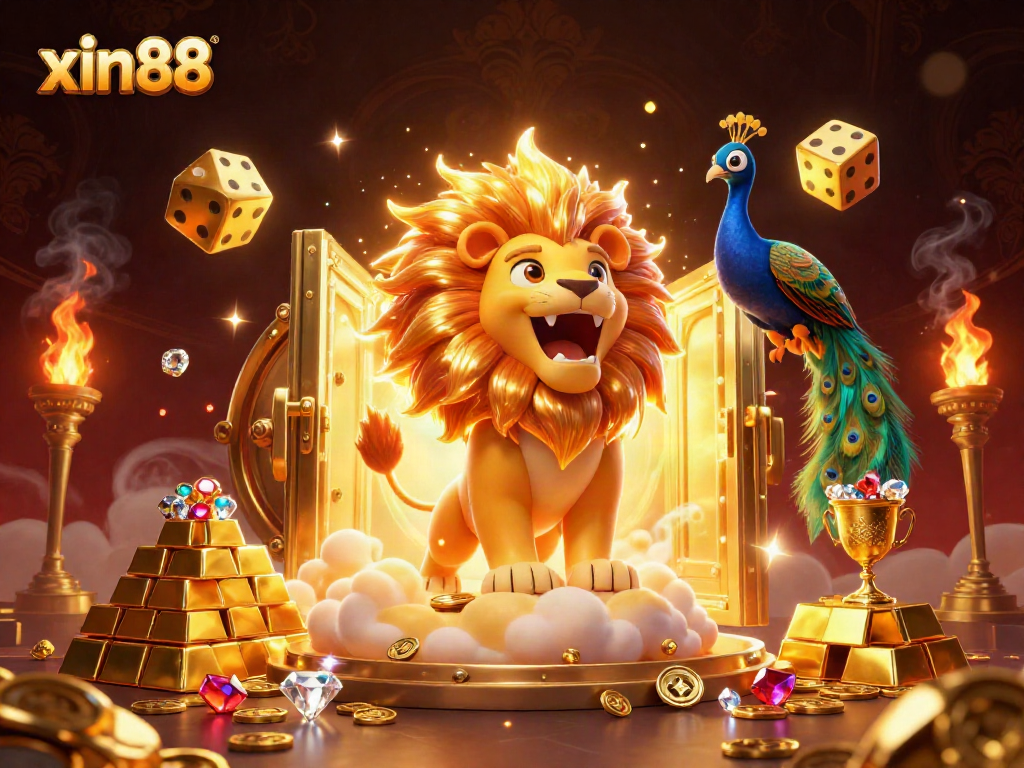 Experience the thrill of xin88 with vibrant golden elements and dynamic 3D characters in a captivating casino scene.
