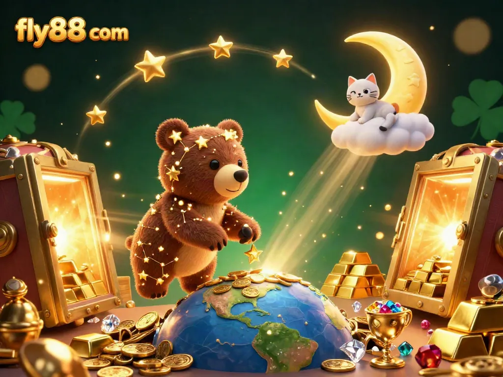 Experience wins at fly88 com with a vibrant, animated casino scene featuring treasure and game elements.