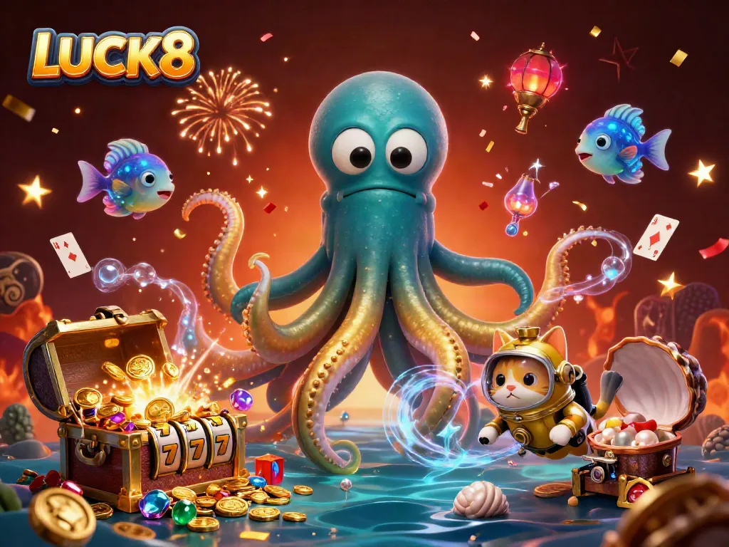 LUCK8 promotes top casino gaming with an epic kraken, diving cat, and dynamic slot games.