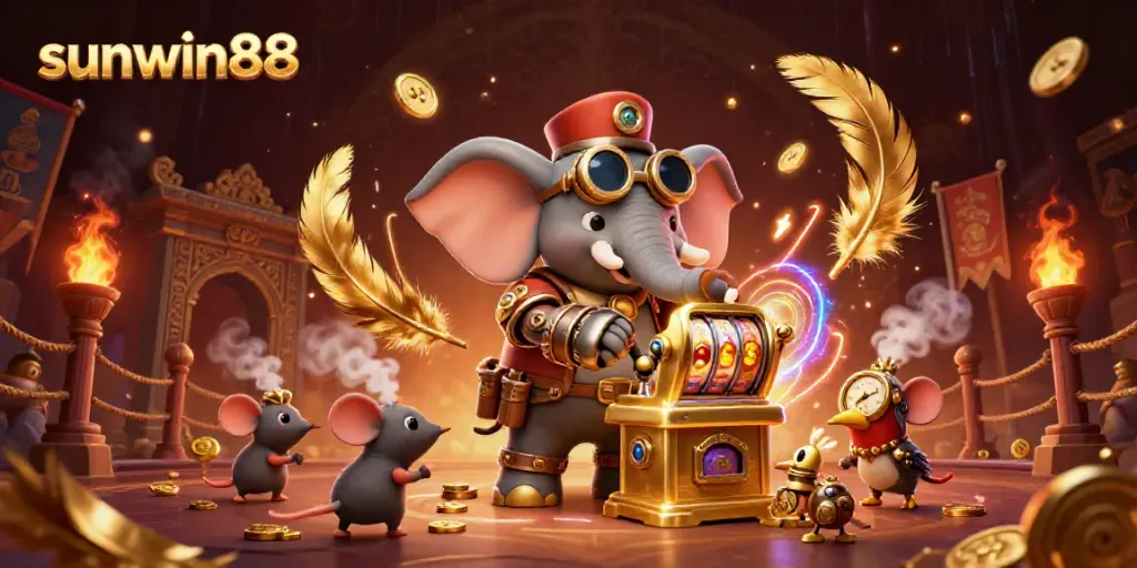 Experience the excitement of sunwin88 with a vibrant steampunk casino scene filled with thrilling game elements.