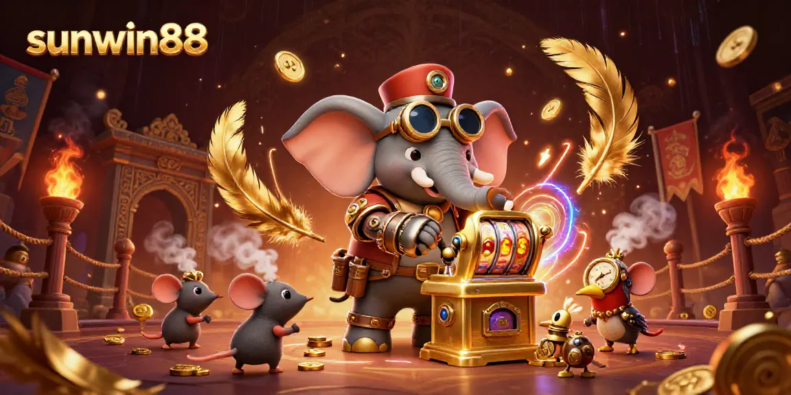 Experience the excitement of sunwin88 with a vibrant steampunk casino scene filled with thrilling game elements.