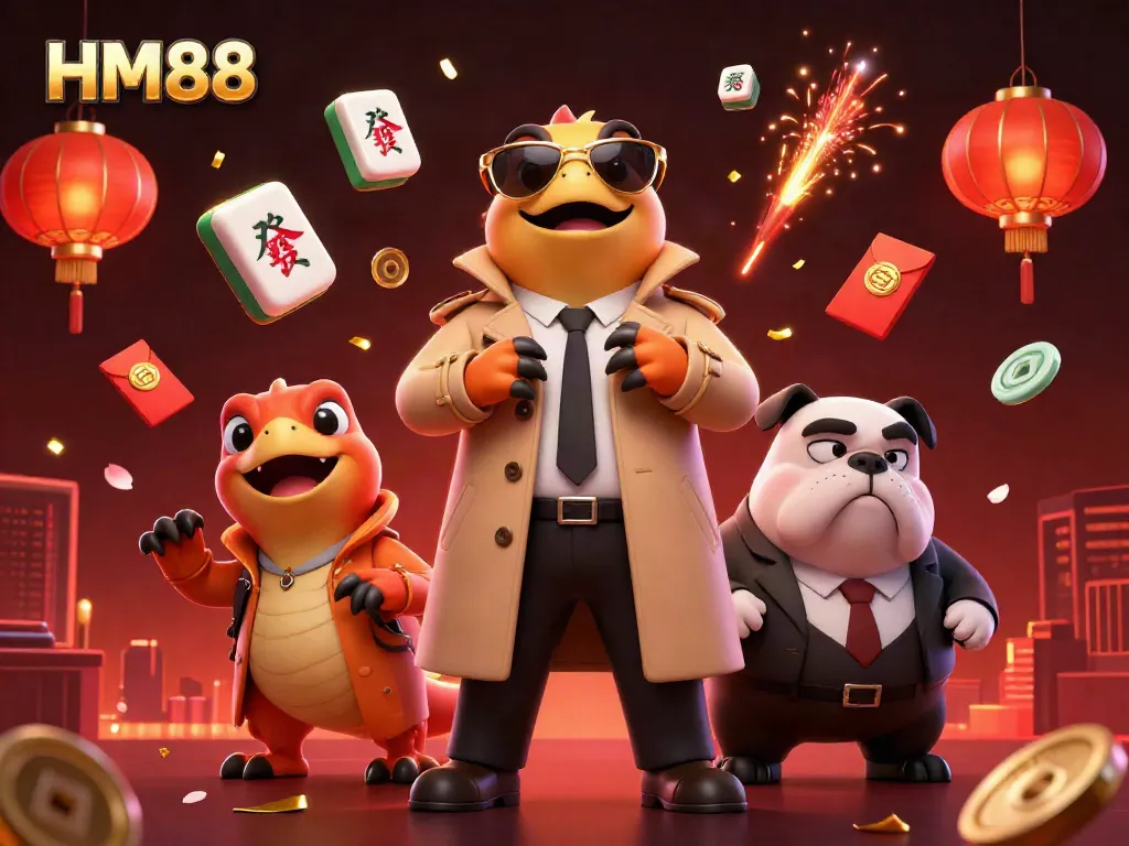 Experience the exciting world of HM88 with raptors in a trench coat entering a casino lounge