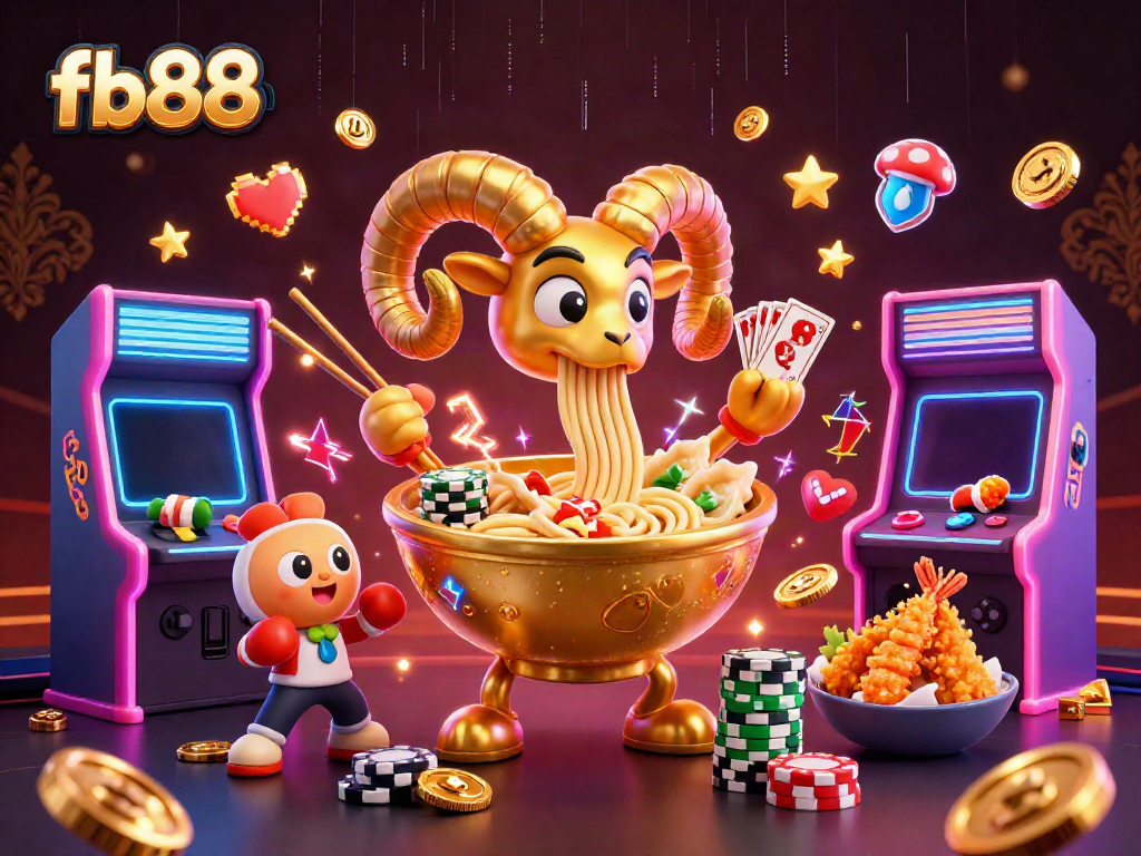 Experience the vibrant world of fb88 with a golden ramen bowl dealer and dynamic gaming elements.