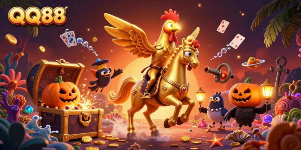 Experience the thrilling world of QQ88 with a dynamic scene featuring golden rooster characters and treasure elements.