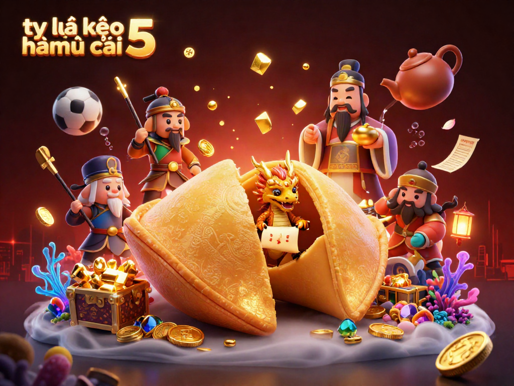 Action-packed illustration of tỷ lệ kèo nhà cái 5 featuring golden fortunes and betting themes.