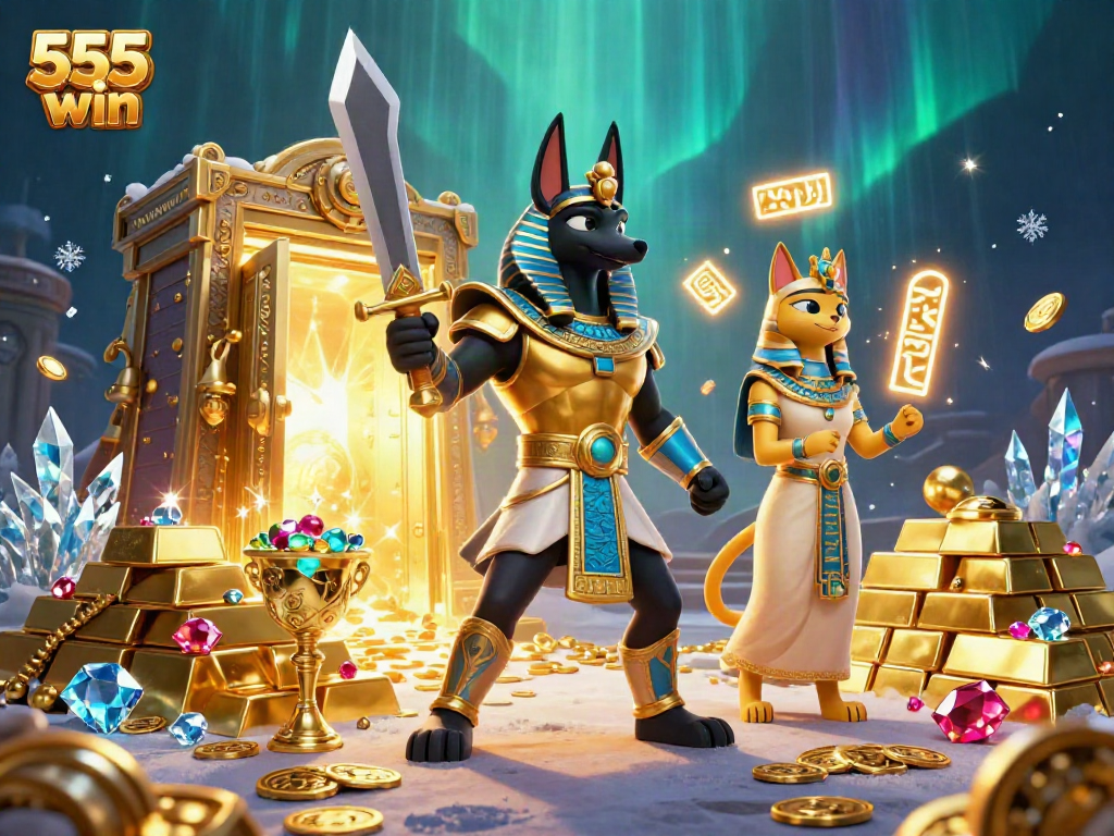 Experience the excitement of gambling with 555win com's dynamic 3D casino scene featuring ancient treasures.