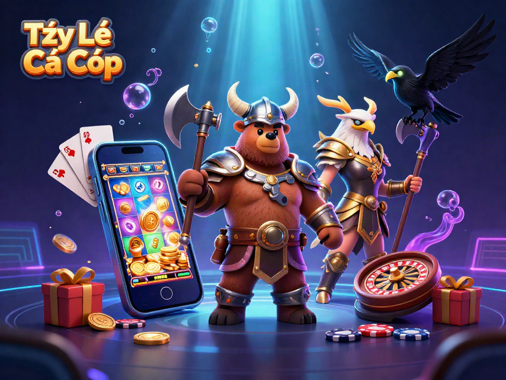 Tỷ Lệ Cá Cược promotional illustration showcasing a Viking bear and Valkyrie eagle amidst dynamic casino elements.