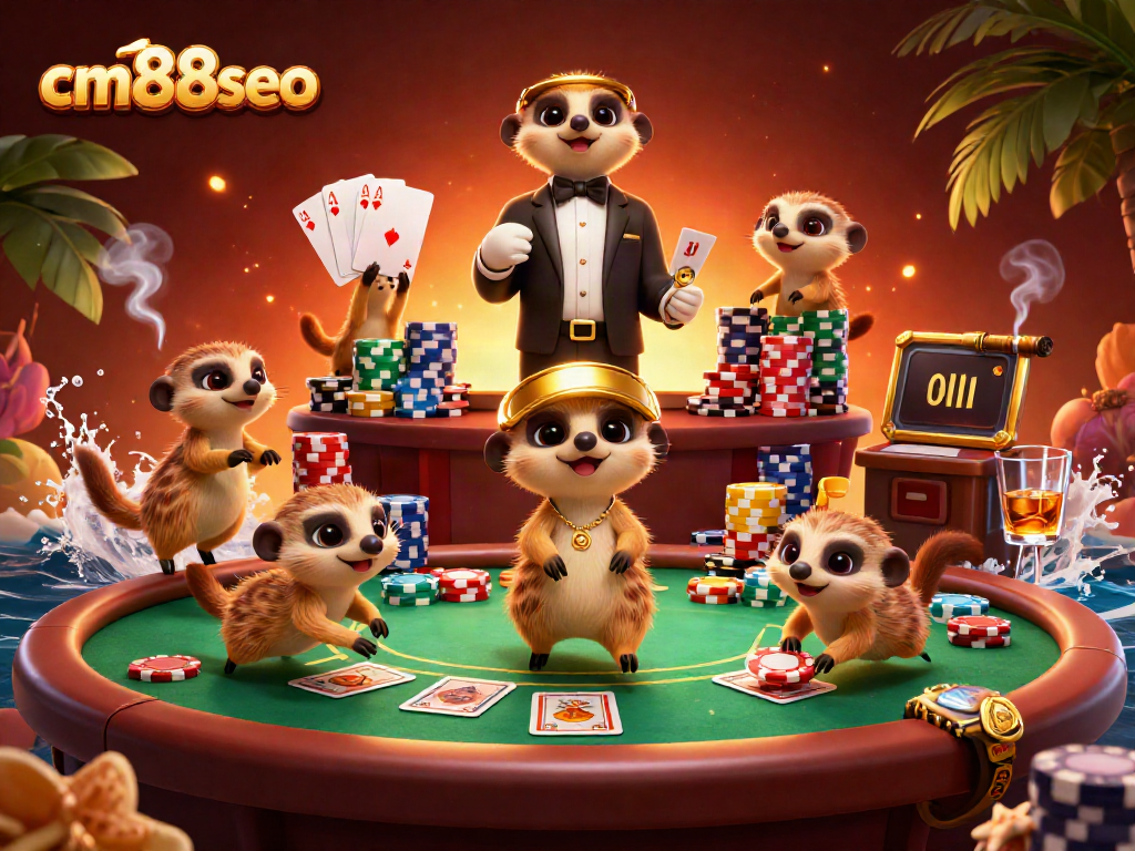 cm88seo showcases a colony of meerkats hilariously managing a vibrant poker casino scene.